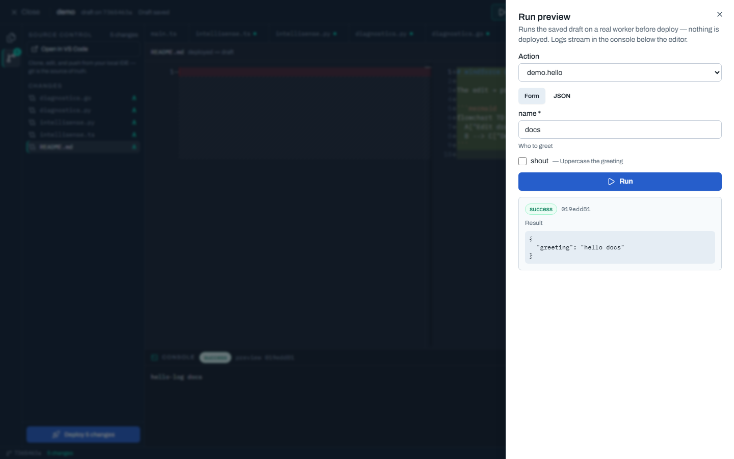 Run preview — 우측 sheet 결과와 아래 Console